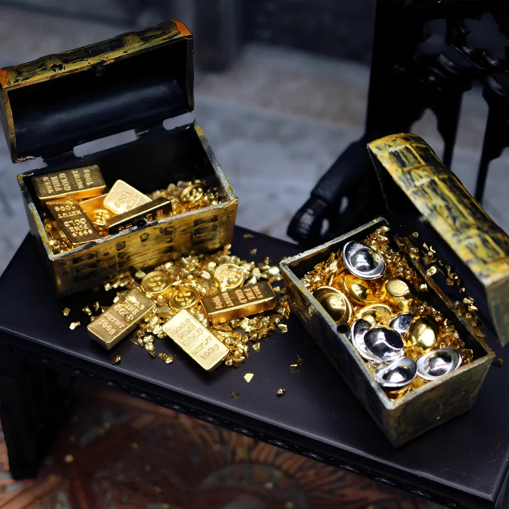 Alloy gold coin treasure box miniature accessory with gold bars and ingots for doll house displays