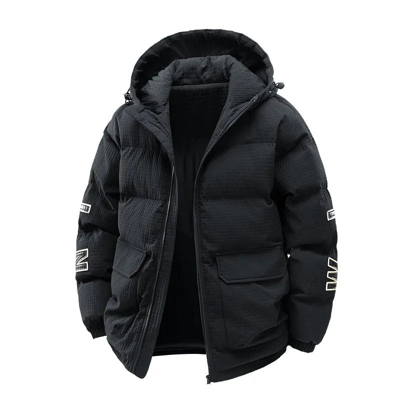 Men's black Korean style hooded coat with letter print and side seam pockets.