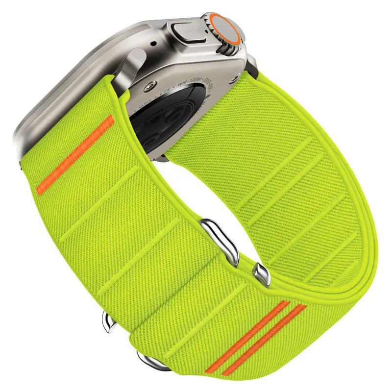 Elastic nylon sports watchband with stainless steel buckle for Apple Watch, shown in multiple colour options.