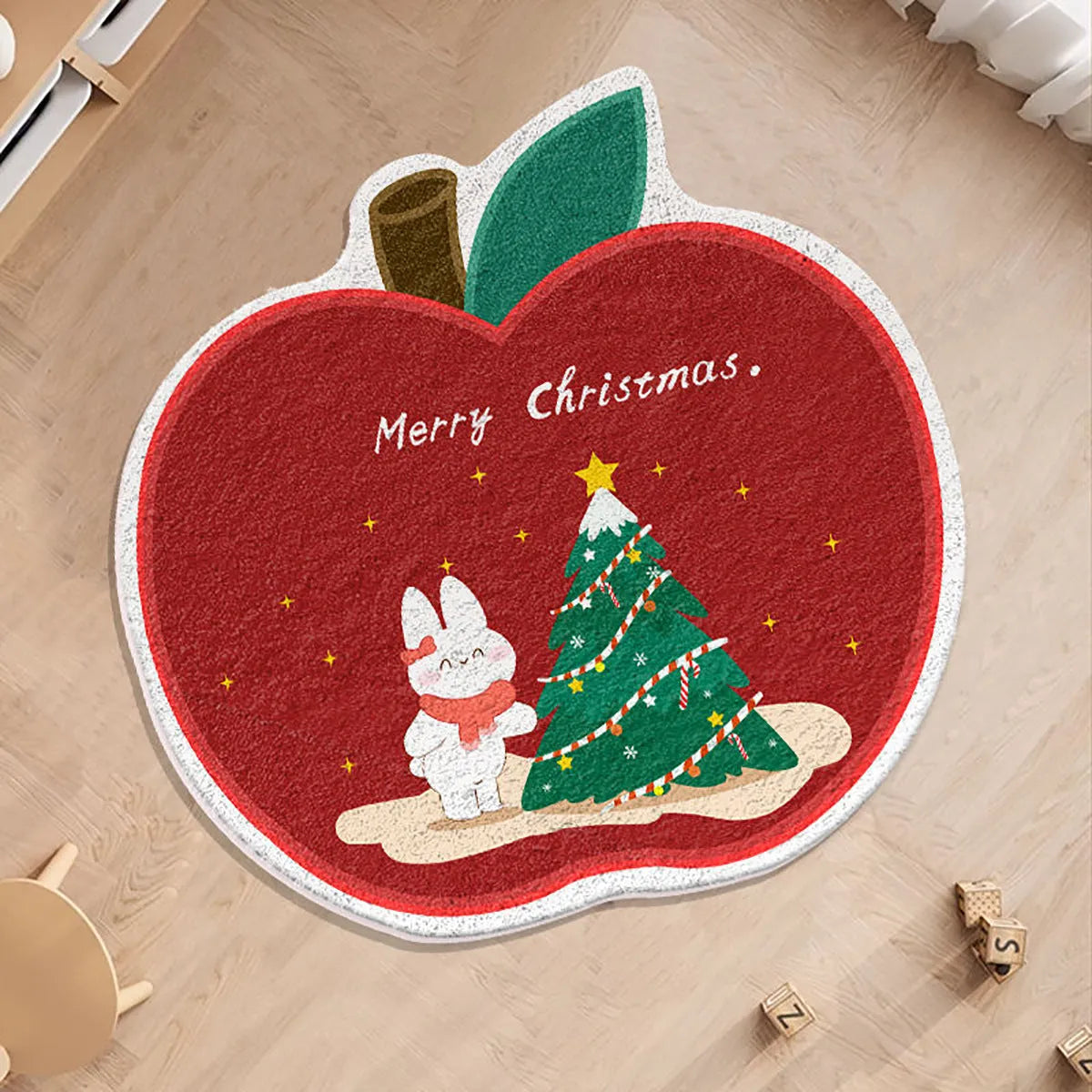 Round Christmas floor mat with festive design on imitation cashmere material in 60cm and 80cm sizes.