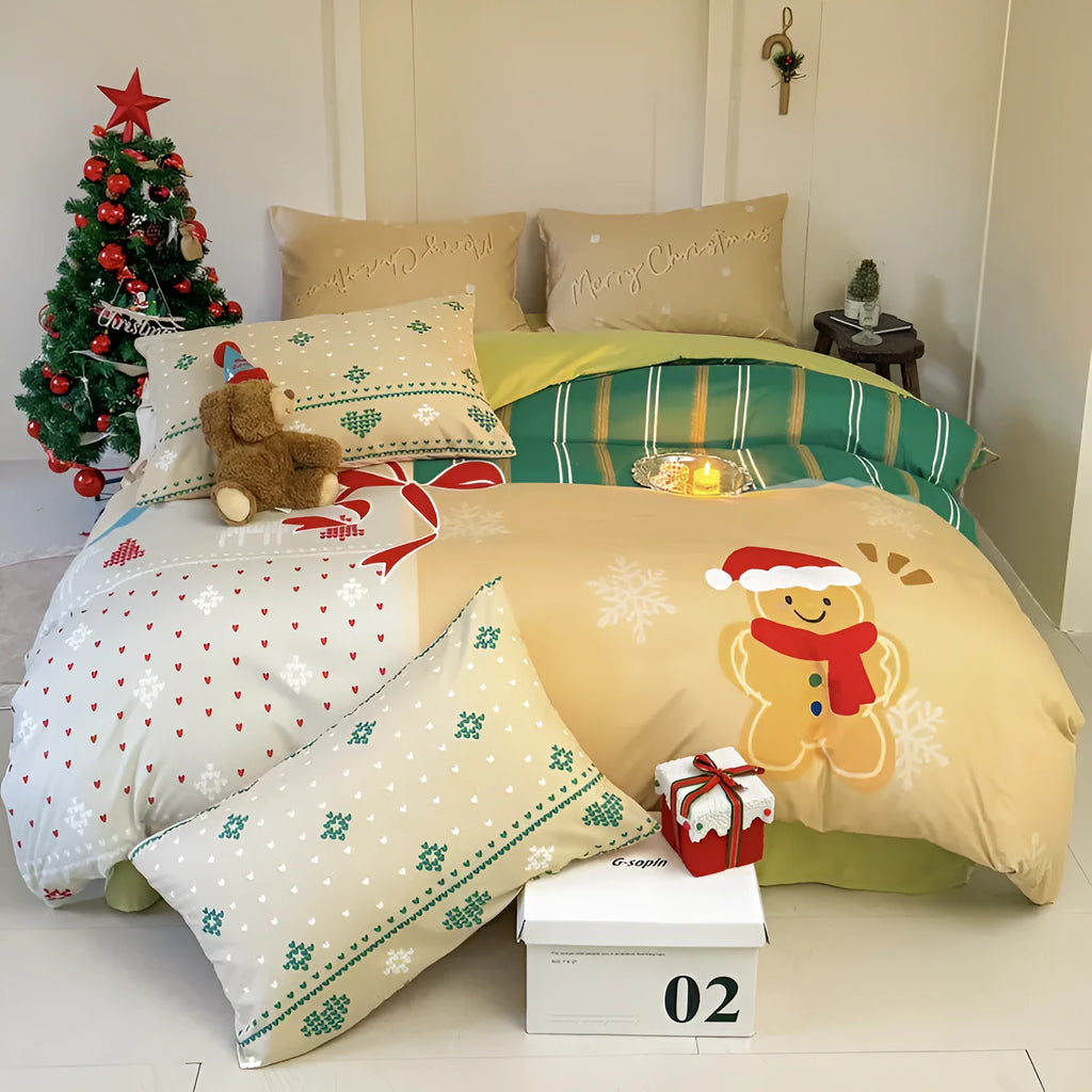 Christmas cartoon printed bedding set with Gingerbread Man design on washed cotton