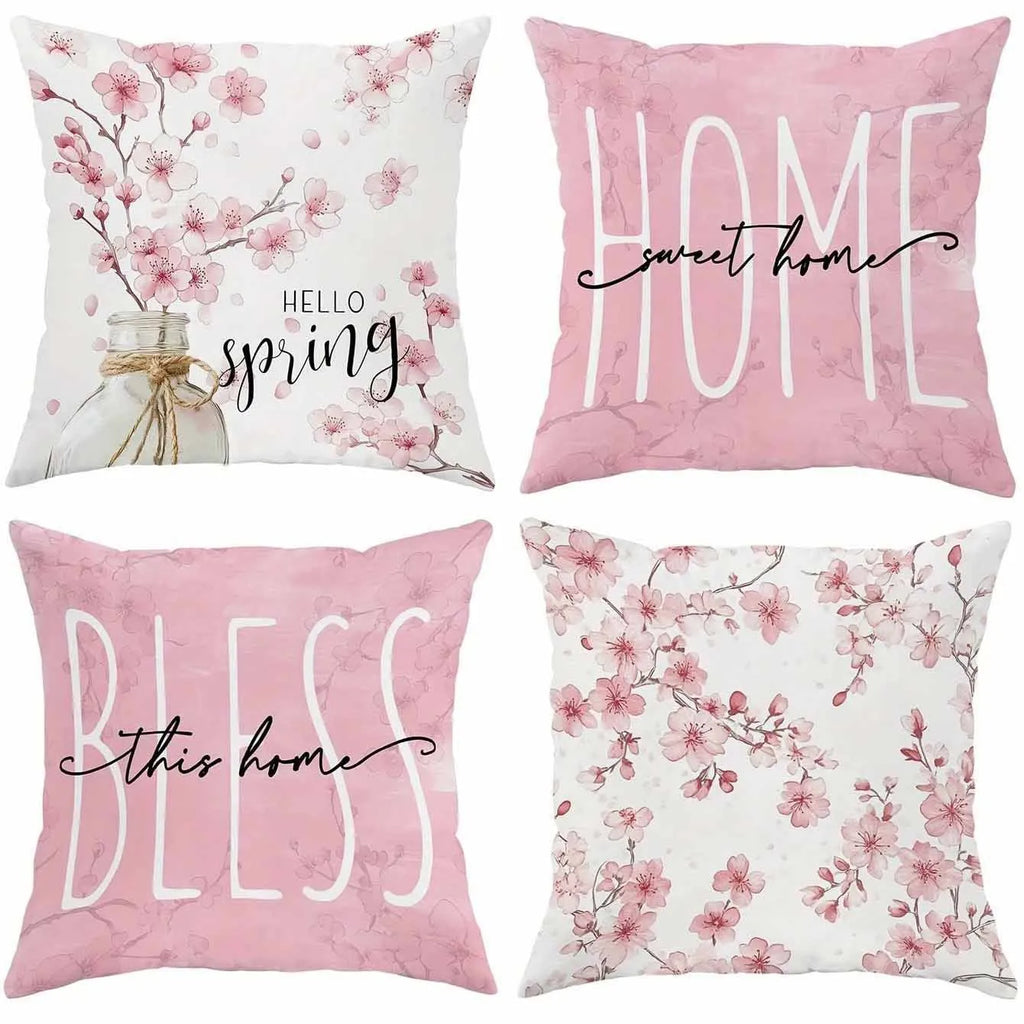 Square short velvet cushion cover with cherry blossom and letter print in 45cm size.