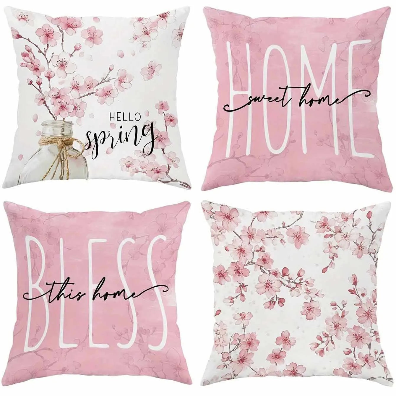 Square short velvet cushion cover with cherry blossom and letter print in 45cm size.