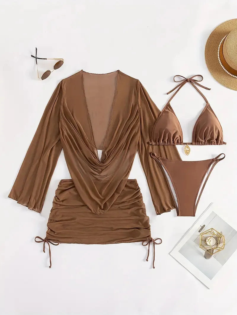 Dark brown women's lace-up two-piece bikini swimsuit with backless briefs.