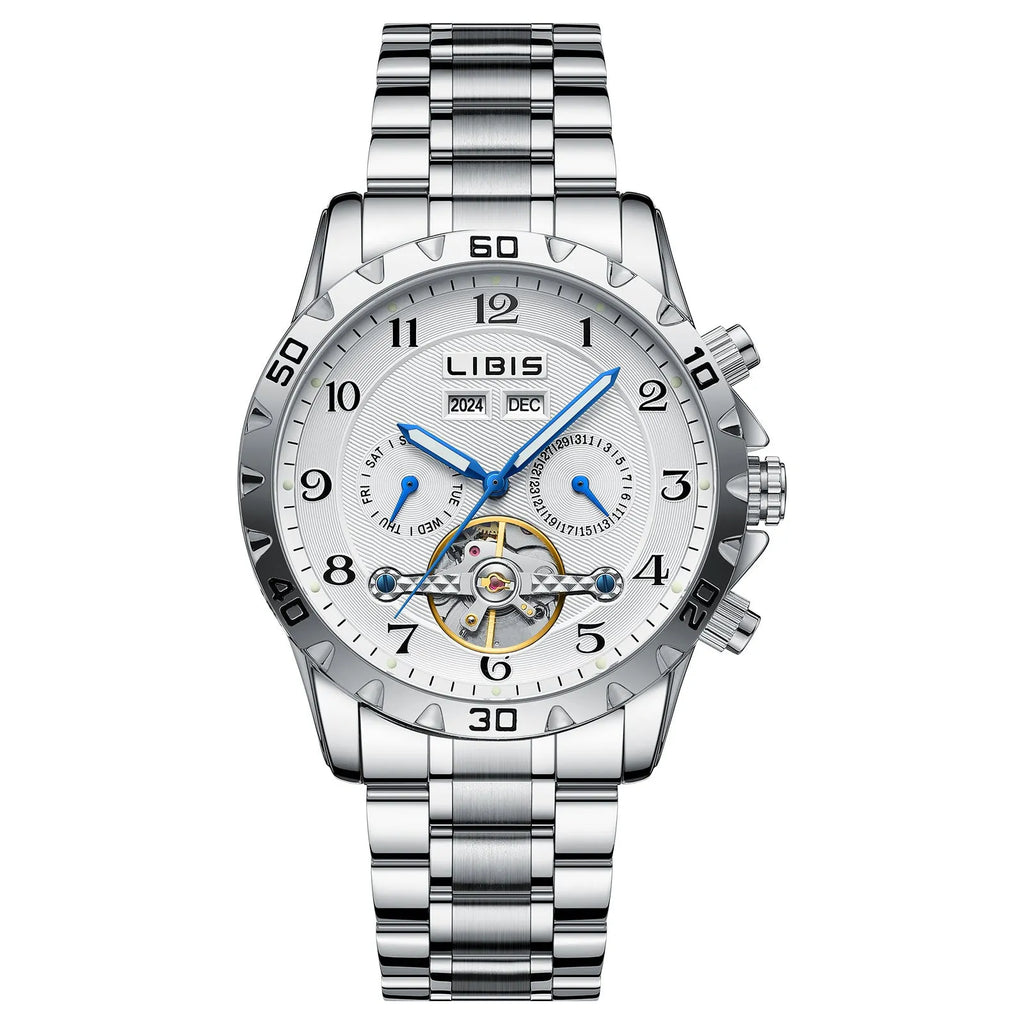 Men's silver automatic perpetual calendar mechanical watch with stainless steel strap.