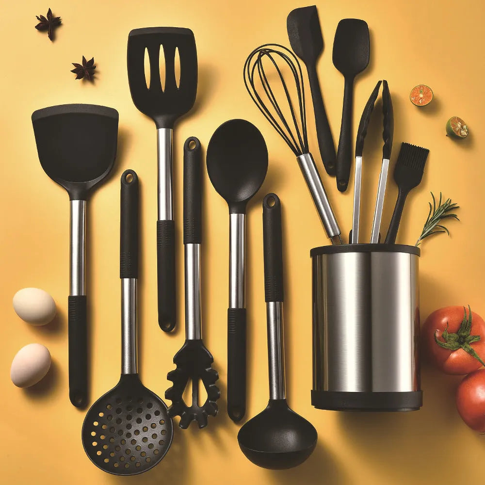 12-piece silicone kitchen utensil set with rotating storage bucket in black, dark gray or khaki