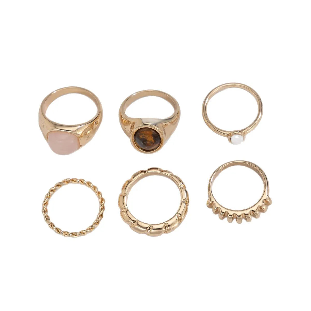 Light gold geometric irregular ring set with six different alloy rings