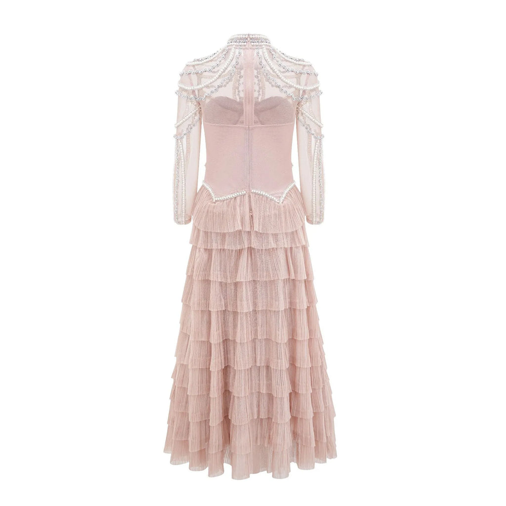 Women's long sleeve beaded dress in polyester fabric with three-dimensional decoration