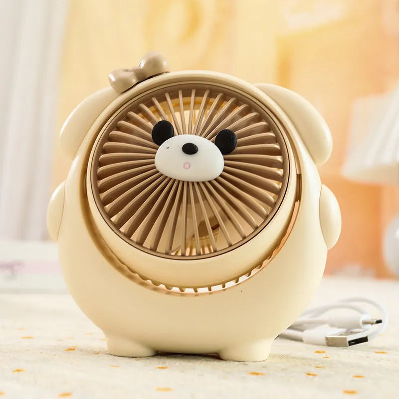 Fashion Cute Dog Desktop Electric Fan in a chosen colour on a desk with USB cable.