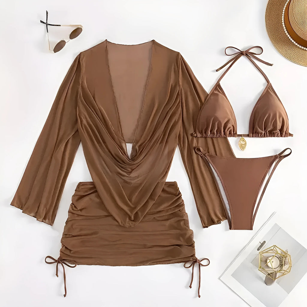 Dark brown women's lace-up two-piece bikini swimsuit with backless briefs.