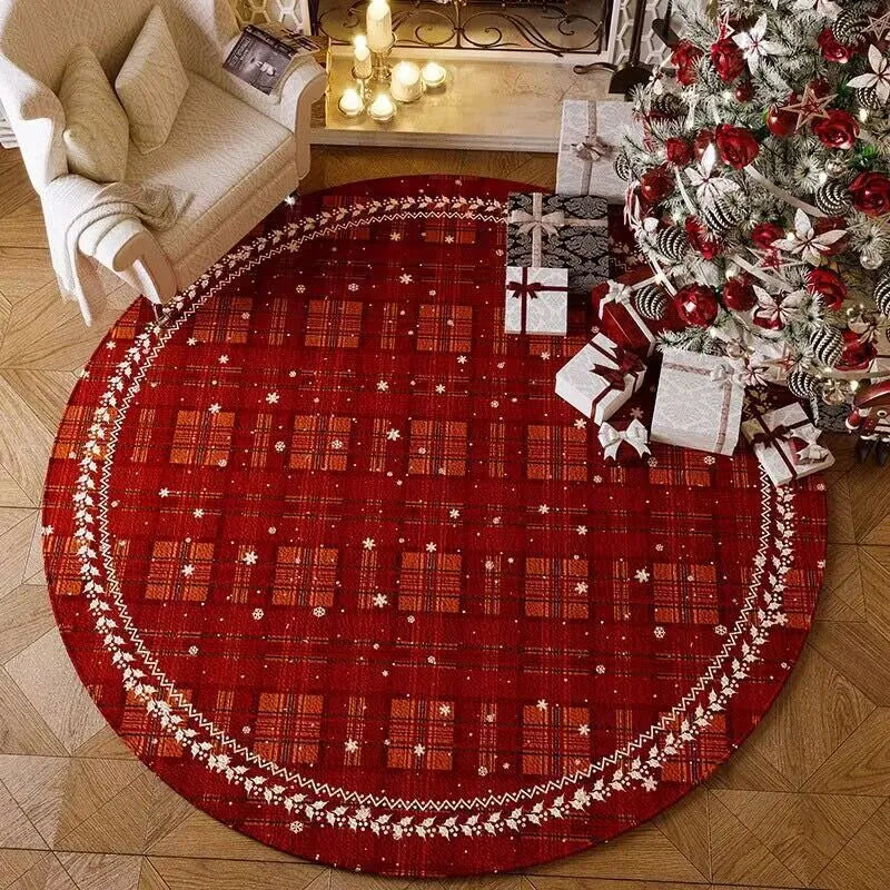 Round Christmas carpet with velvet pile in seasonal red colours on living room floor
