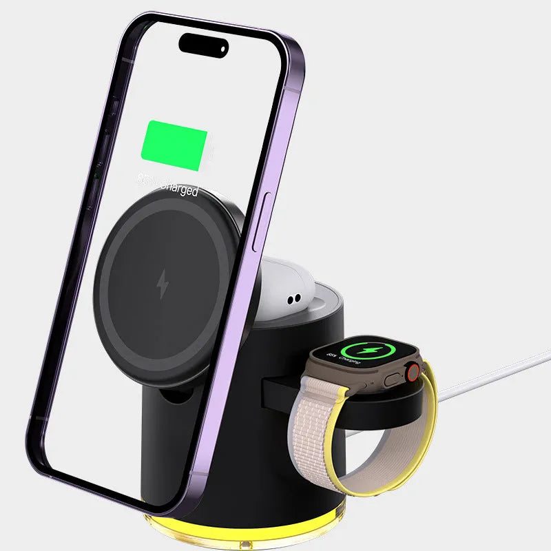 Black Wireless Charger C16 open showing three charging areas for phone, watch, and earphones.