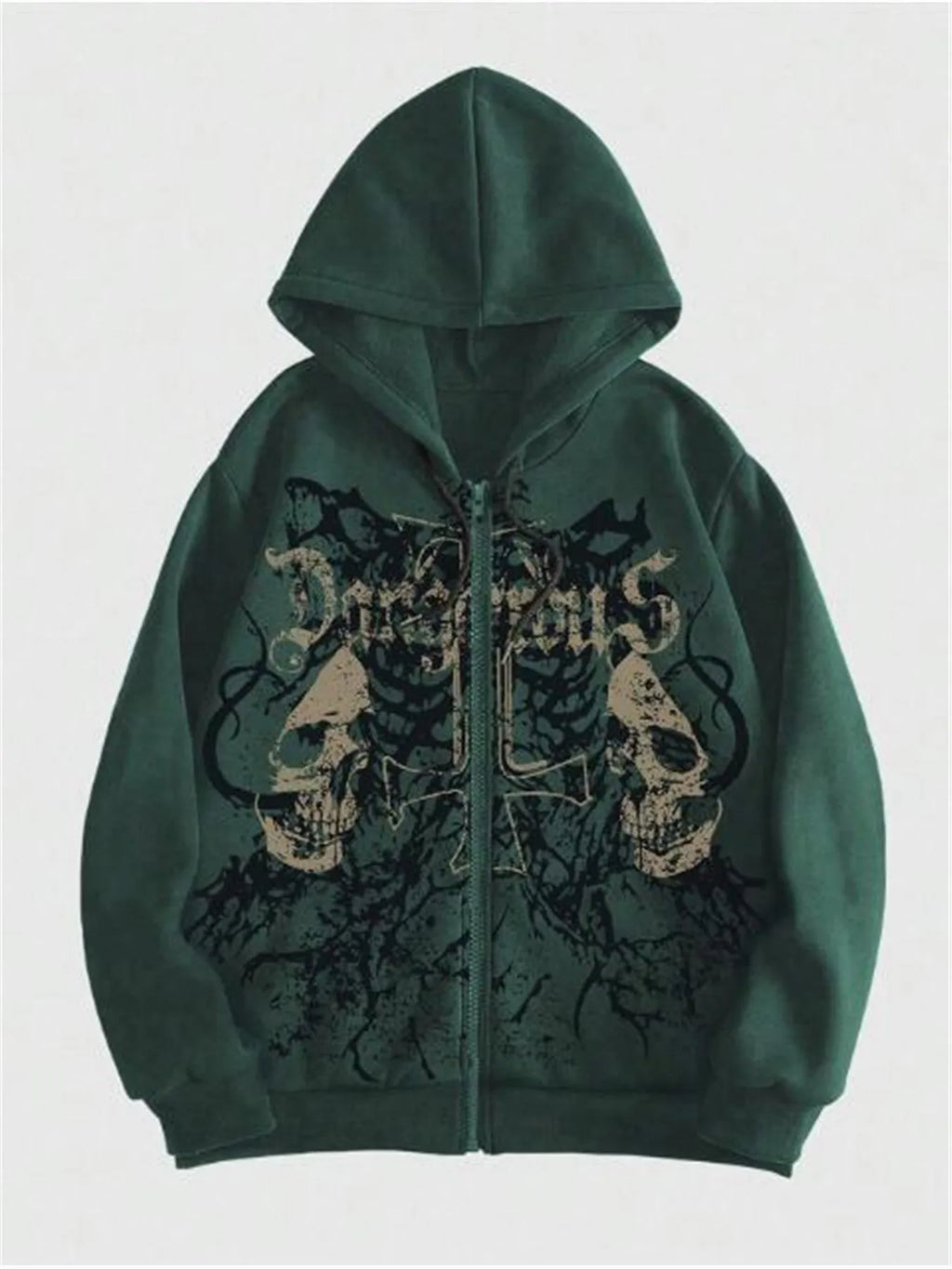 Men's black hooded sweatshirt with a large green skull print on the front, long sleeves.