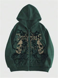 Men's black hooded sweatshirt with a large green skull print on the front, long sleeves.
