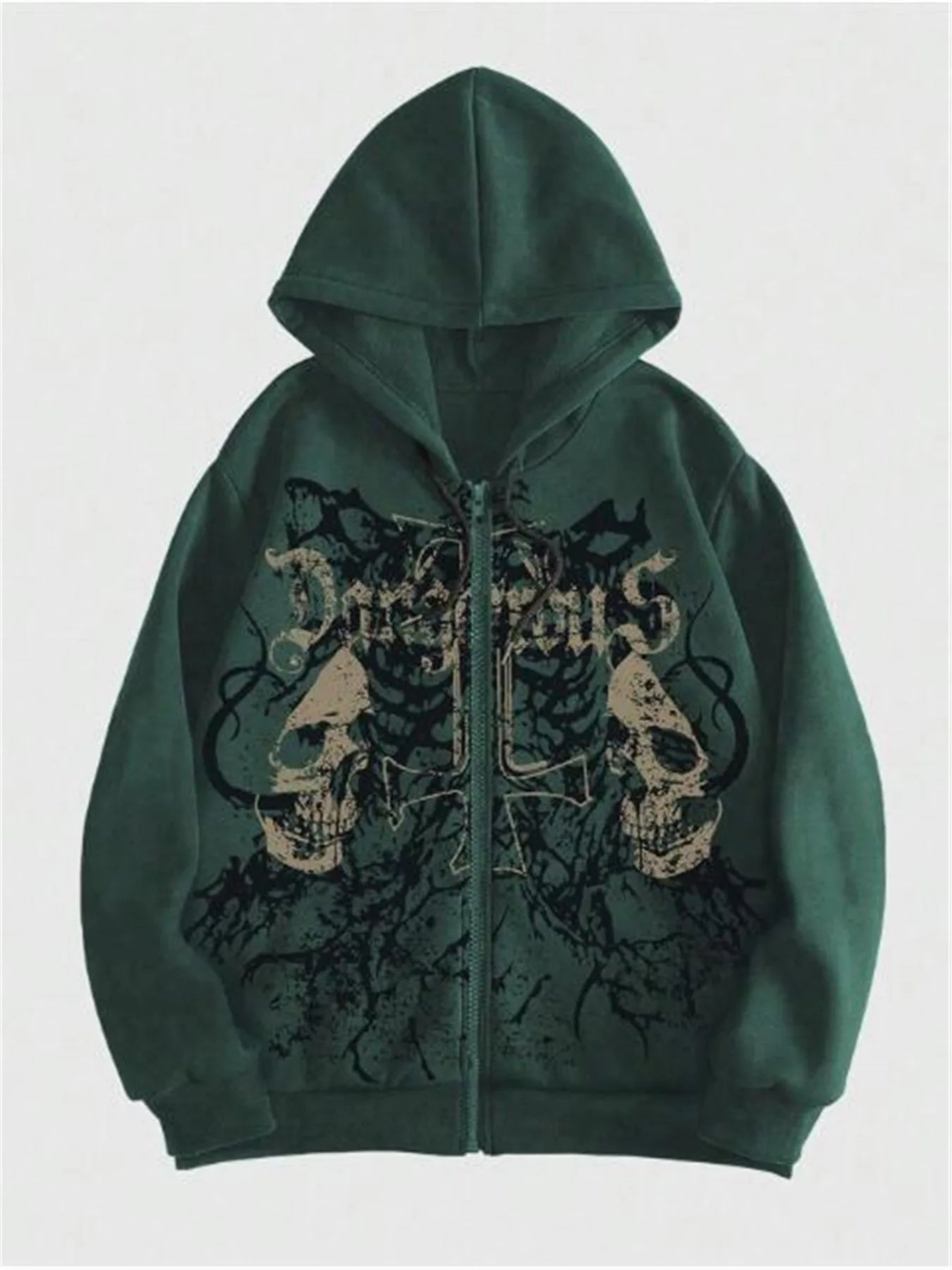 Men's black hooded sweatshirt with a large green skull print on the front, long sleeves.