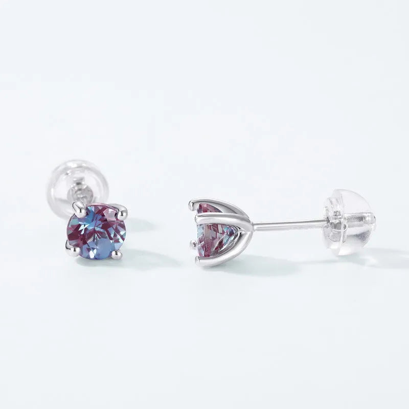 925 sterling silver Alexander stone ear studs with round cultivate alexandrite gemstones