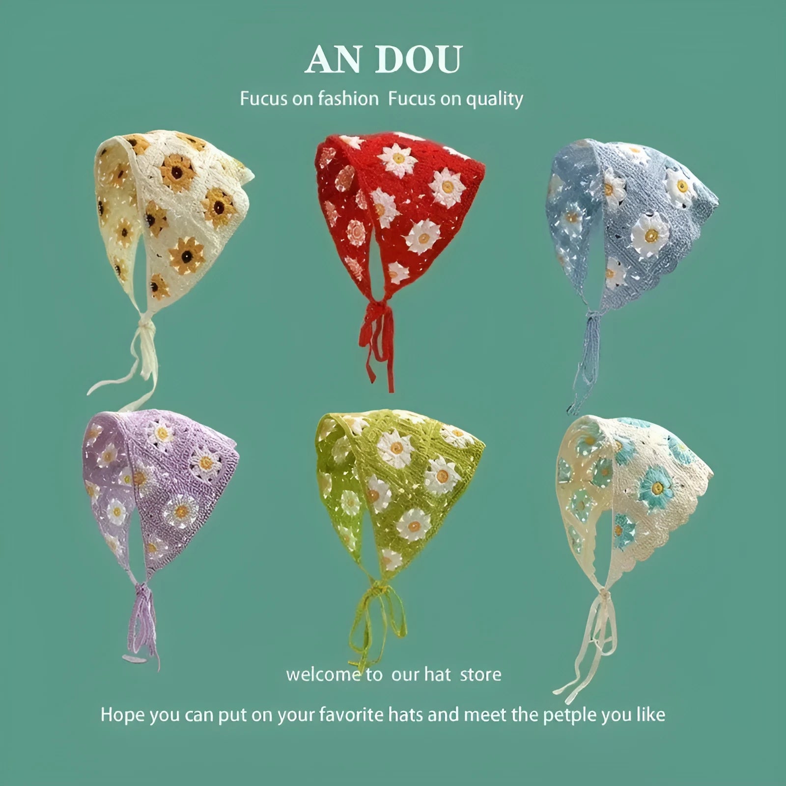 Cotton triangular headscarf with floral pattern spread flat showing its shape and design details.
