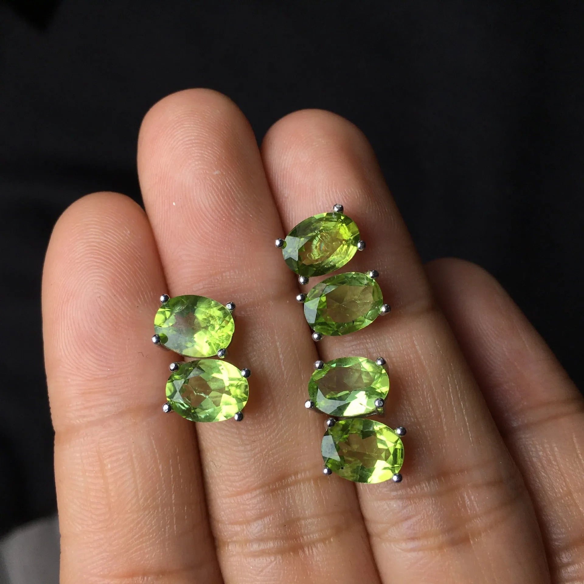 Grass green natural olivine faceted stud earrings in S925 sterling silver with 6×8mm oval stones
