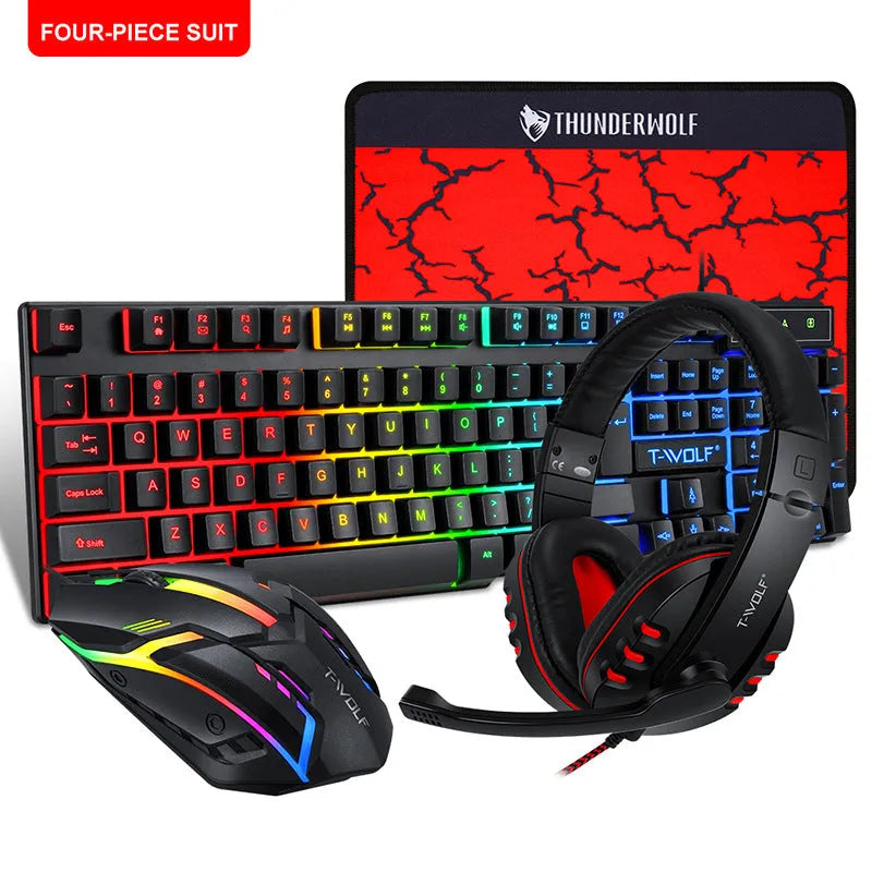 Thunder Wolf T800 gaming keyboard and mouse set with headset and mouse pad on desk