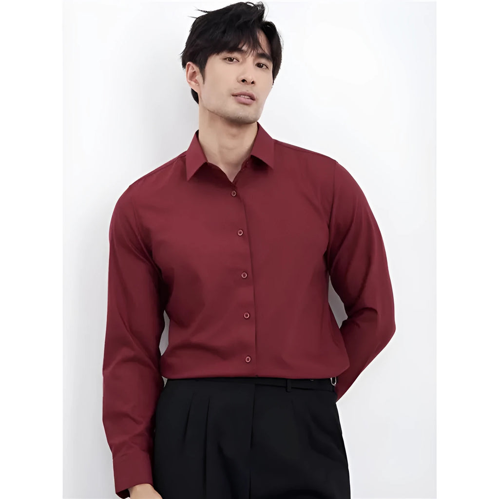 Wine red men's slim fit business casual shirt with long sleeves and non-iron polyester fabric
