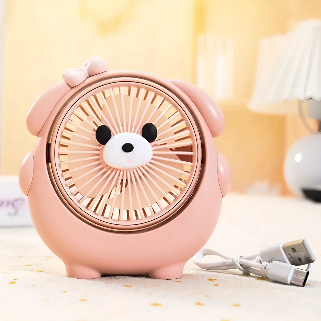 Fashion Cute Dog Desktop Electric Fan in a chosen colour on a desk with USB cable.