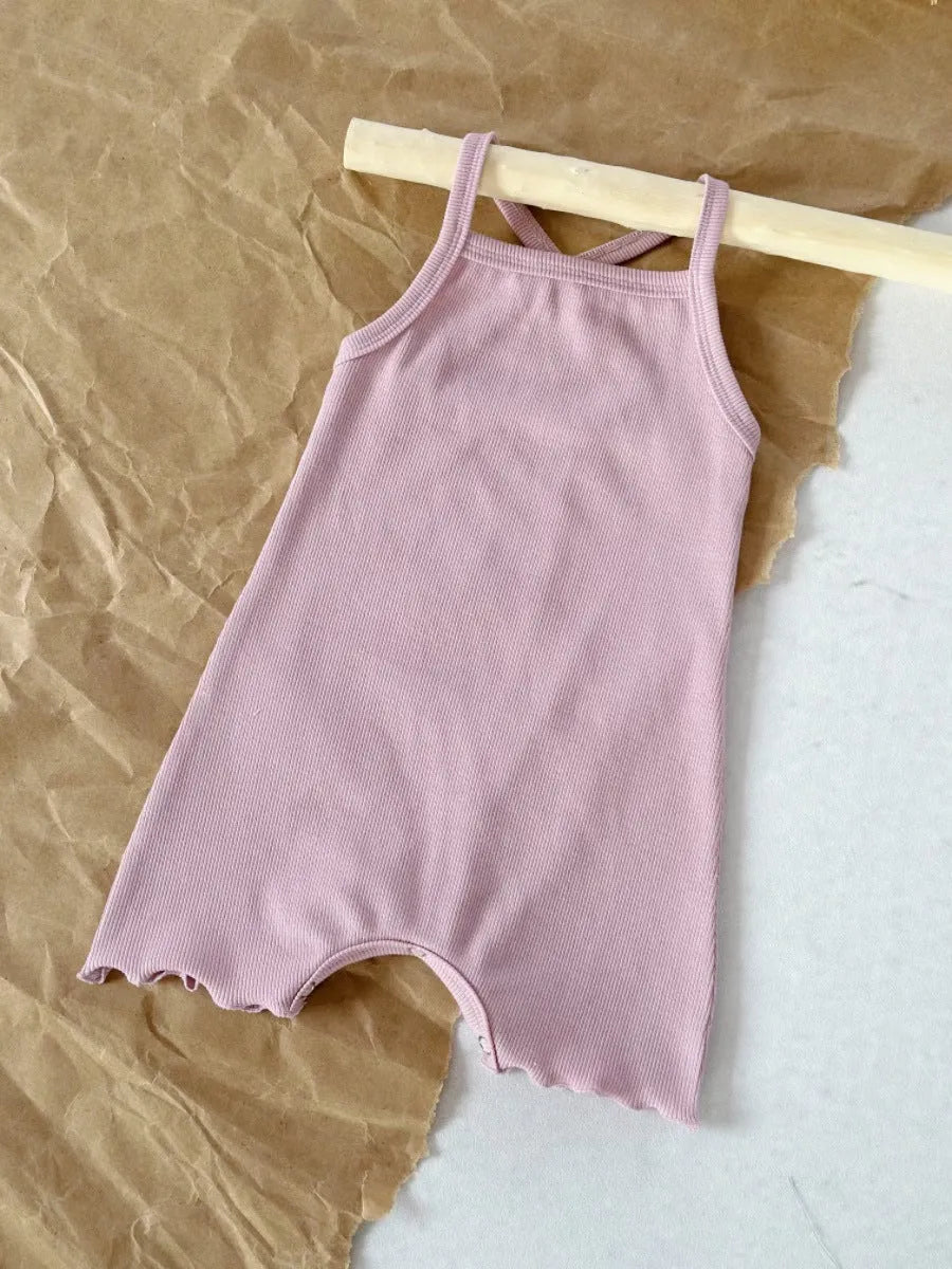 Baby sunken stripe camisole one-piece romper in modal fabric, pullover style, sleeveless, available in purple and cerise