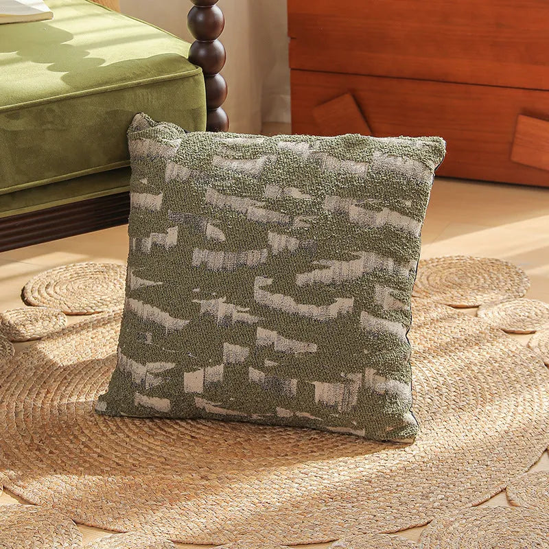 Yarn-dyed jacquard floral pillow cover on a sofa, 45x45cm, in a Nordic retro style.