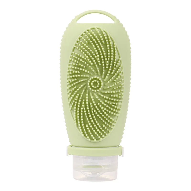 Silicone bath brush storage bottle in a selection of colours including pink, orange, and light grey.
