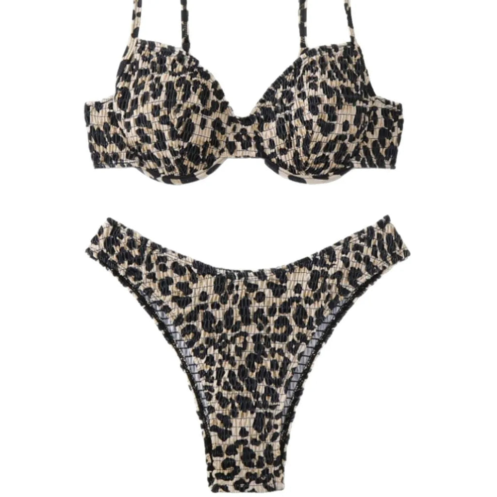 Leopard print bikini swimsuit for women with backless design in brown mixed colour