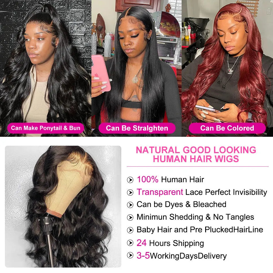 Black long curly synthetic lace front wig with side bangs on a model