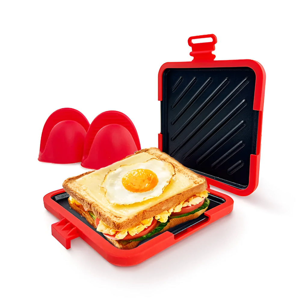 Red silicone baking tray and matching anti-scald gloves set in colour box packaging.