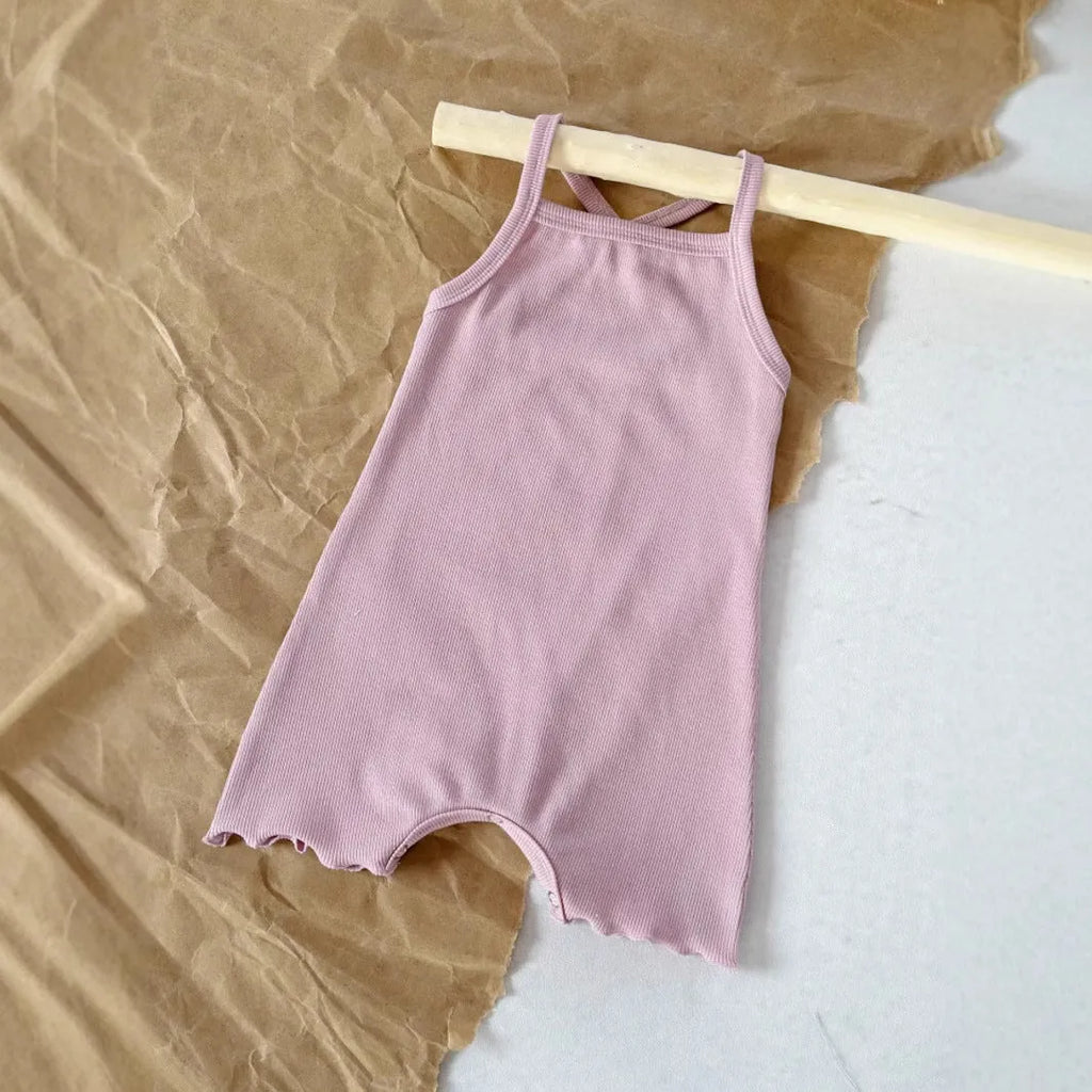 Baby sunken stripe camisole one-piece romper in modal fabric, pullover style, sleeveless, available in purple and cerise