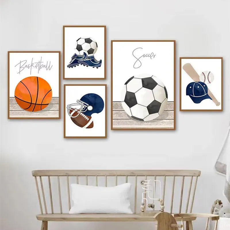 Cartoon ball sports canvas poster with football basketball baseball for children bedroom wall decor