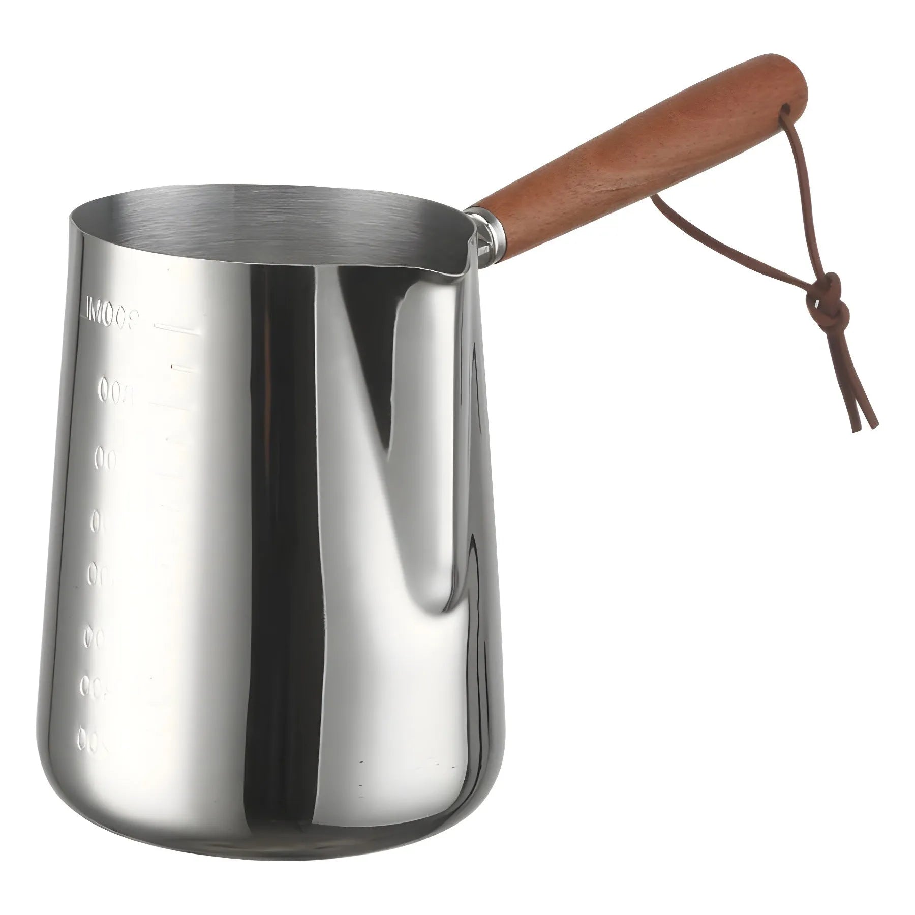 Garland stainless steel coffee milk jug with wooden handle, showing interior volume scale markings.