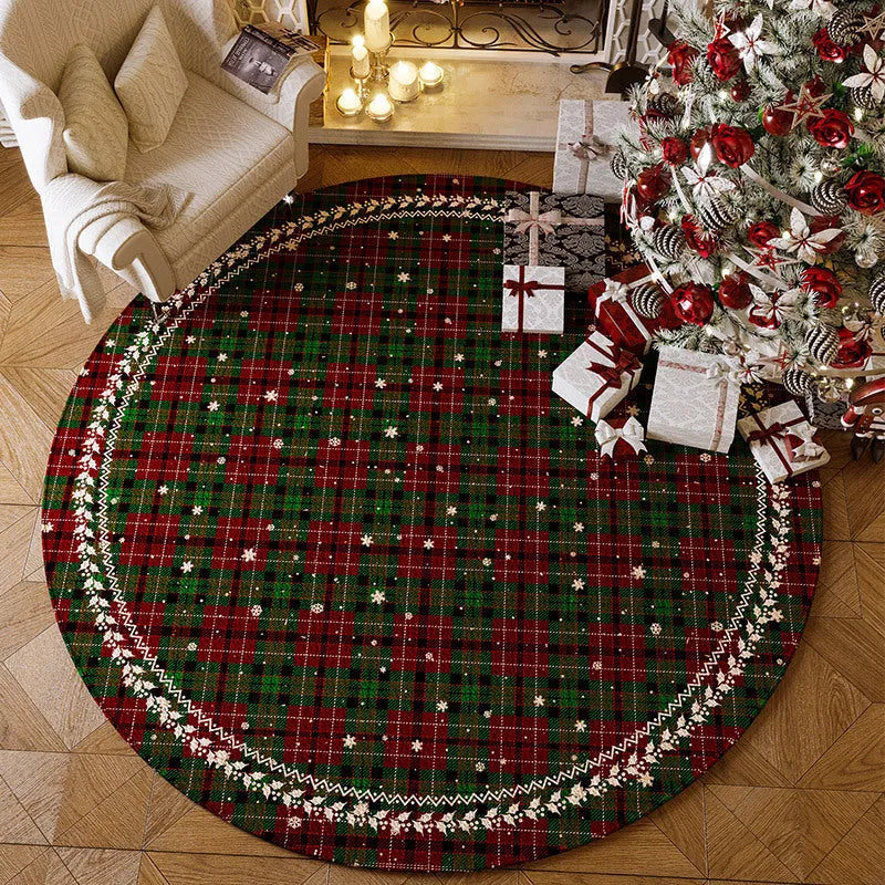 Round Christmas carpet with velvet pile in seasonal red colours on living room floor