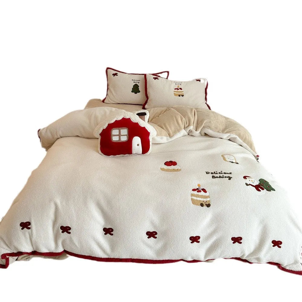 Cartoon pattern bedding four-piece set with winter Christmas design shown on bed