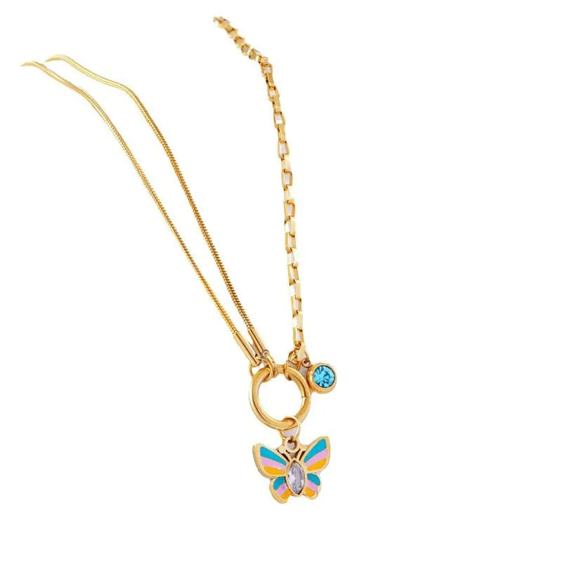 Epoxy butterfly jewellery set with gold colour titanium steel necklace and bracelet