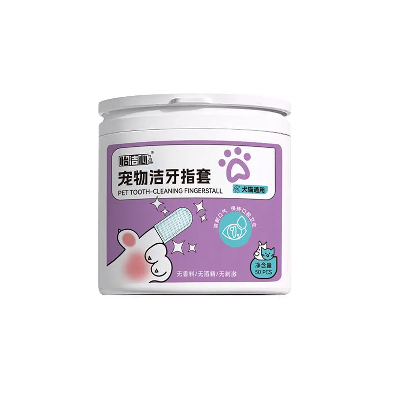 50-piece pack of pet teeth cleaning finger stalls made from non-woven fabric for dogs and cats