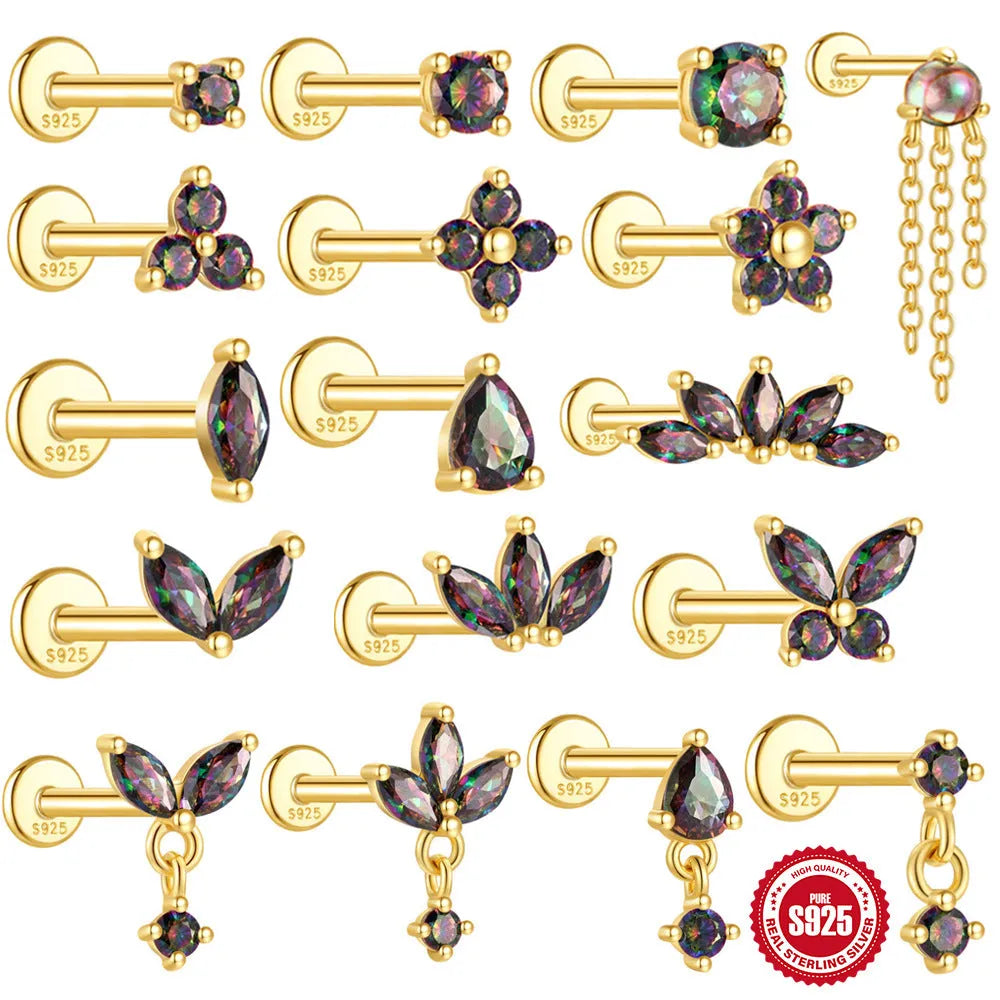 S925 sterling silver threaded ear piercing with super shiny flat head and rainbow stone in a gold colour.