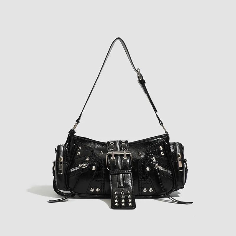 Black retro dumpling-shaped women's shoulder handbag in oil wax PU leather with external pocket.