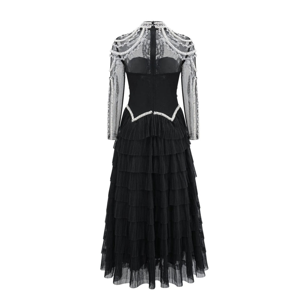 Women's long sleeve beaded dress in polyester fabric with three-dimensional decoration