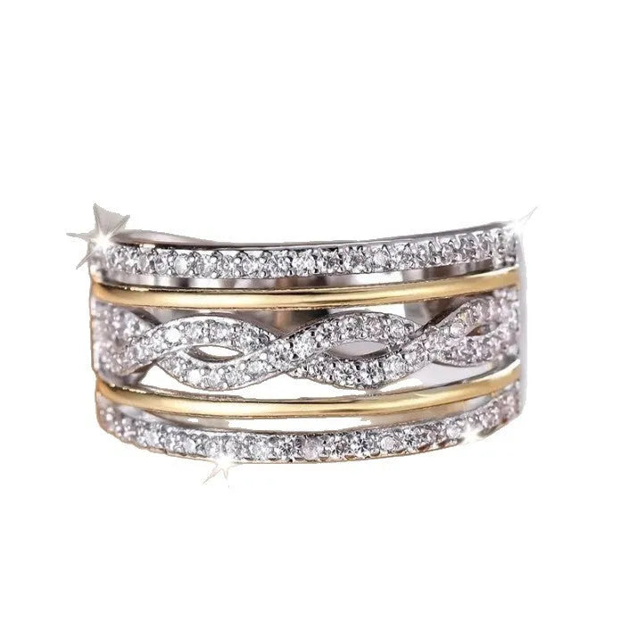 Platinum alloy wide face ring with hollow jeweled detailing, diamond treatment finish, women's ring