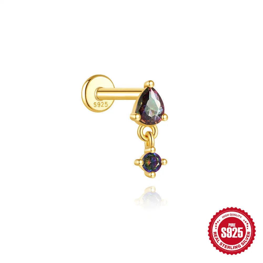S925 sterling silver threaded ear piercing with super shiny flat head and rainbow stone in a gold colour.