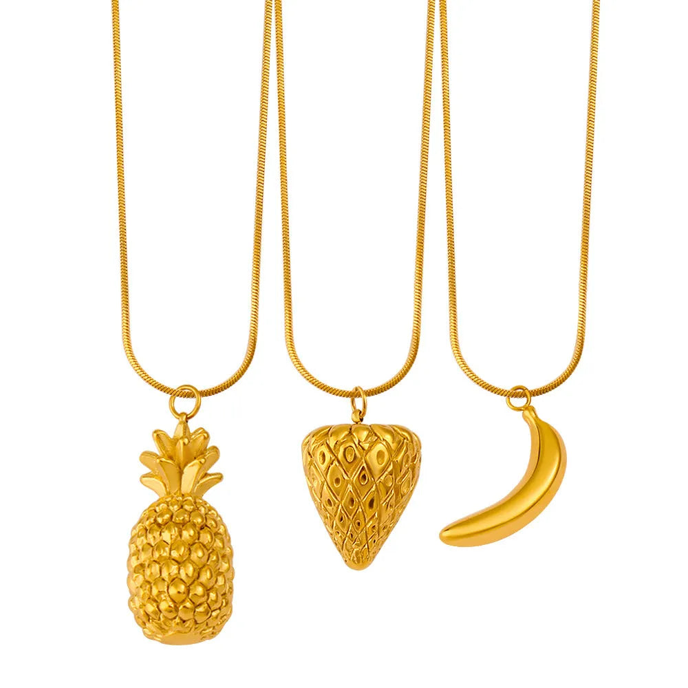 Stainless steel necklace with a colourful fruit-shaped pendant charm on a regular chain.