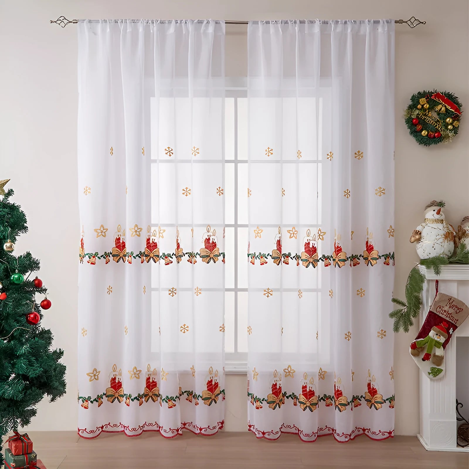 American Christmas curtain with white snowflake embroidery on red fabric, showing semi-sunshade texture.