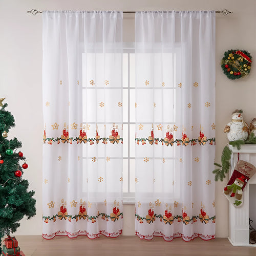 American Christmas curtain with white snowflake embroidery on red fabric, showing semi-sunshade texture.