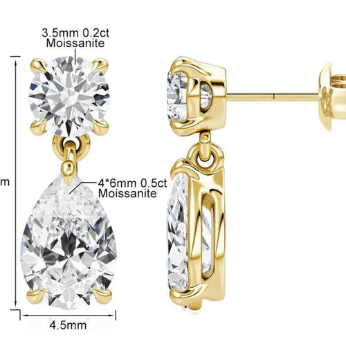 Sterling silver water drop moissanite stud earrings with geometric design in gold finish