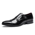 Men's square-toe leather shoes in black and light brown, showing low-top design and rubber sole.