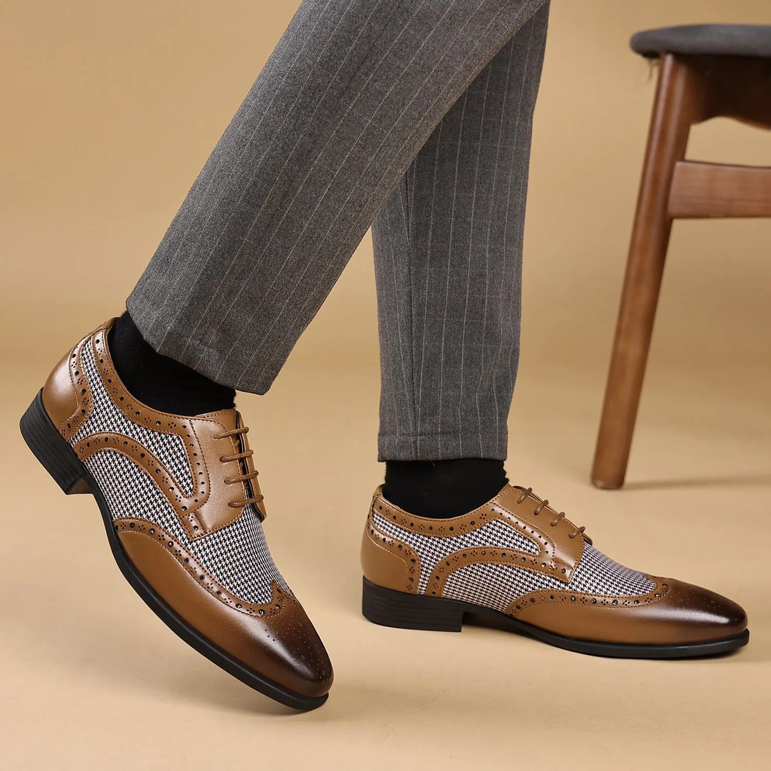 Men's black houndstooth plaid casual shoes with square toe and lace-up front.