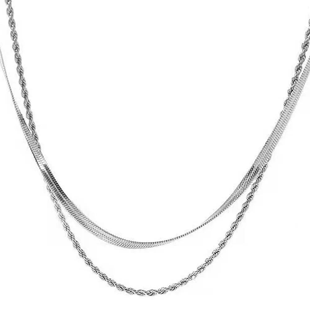 Women's retro geometric double-layer twist necklace in silver or gold tone on adjustable snake bones chain.